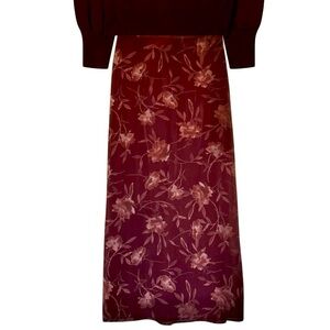 Floral Burgundy Express Sheer Chiffon Maxi Skirt Satin Lined Back Elastic | Zip